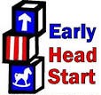 Logo for Early Head Start featuring three stacked blocks. The top block has an upward arrow, the middle block has red and white stripes, and the bottom block has a white rocking horse. The text "Early Head Start" is shown in blue and red to the right.