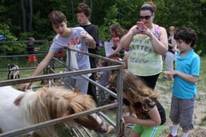 A group of people, including children and adults, are gathered around a pen with small horses. One child pets a horse while others look on. A woman is taking a photo with her phone. Trees and greenery are in the background, suggesting an outdoor setting.