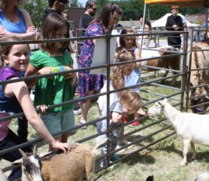 Children gather around a fenced enclosure, feeding and petting several goats at an outdoor event. Adults stand nearby, supervising and taking photos. The setting appears to be a sunny day with various tents and structures in the background.