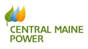 Logo of Central Maine Power featuring three overlapping shapes: a green leaf, a blue droplet, and an orange flame, symbolizing different forms of energy. The text "Central Maine Power" is written in green to the right of these shapes.