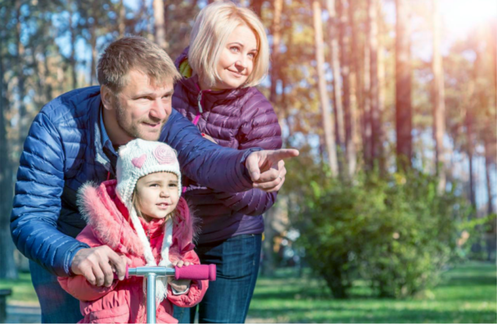 Mom, dad and child outdoors