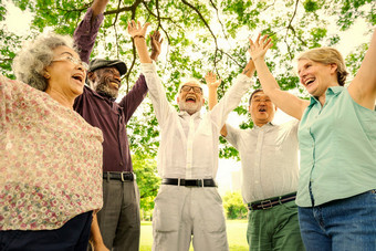 A diverse group of senior people stand in a circle outdoors, raising their arms and smiling joyfully. They are under a leafy tree with green foliage, creating a bright and cheerful atmosphere.