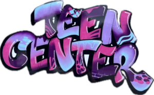 A vibrant graffiti-style artwork featuring the words "Teen Center" in bold, colorful letters. The letters are decorated with shades of pink, purple, blue, and white, with playful patterns and dripping paint effects.
